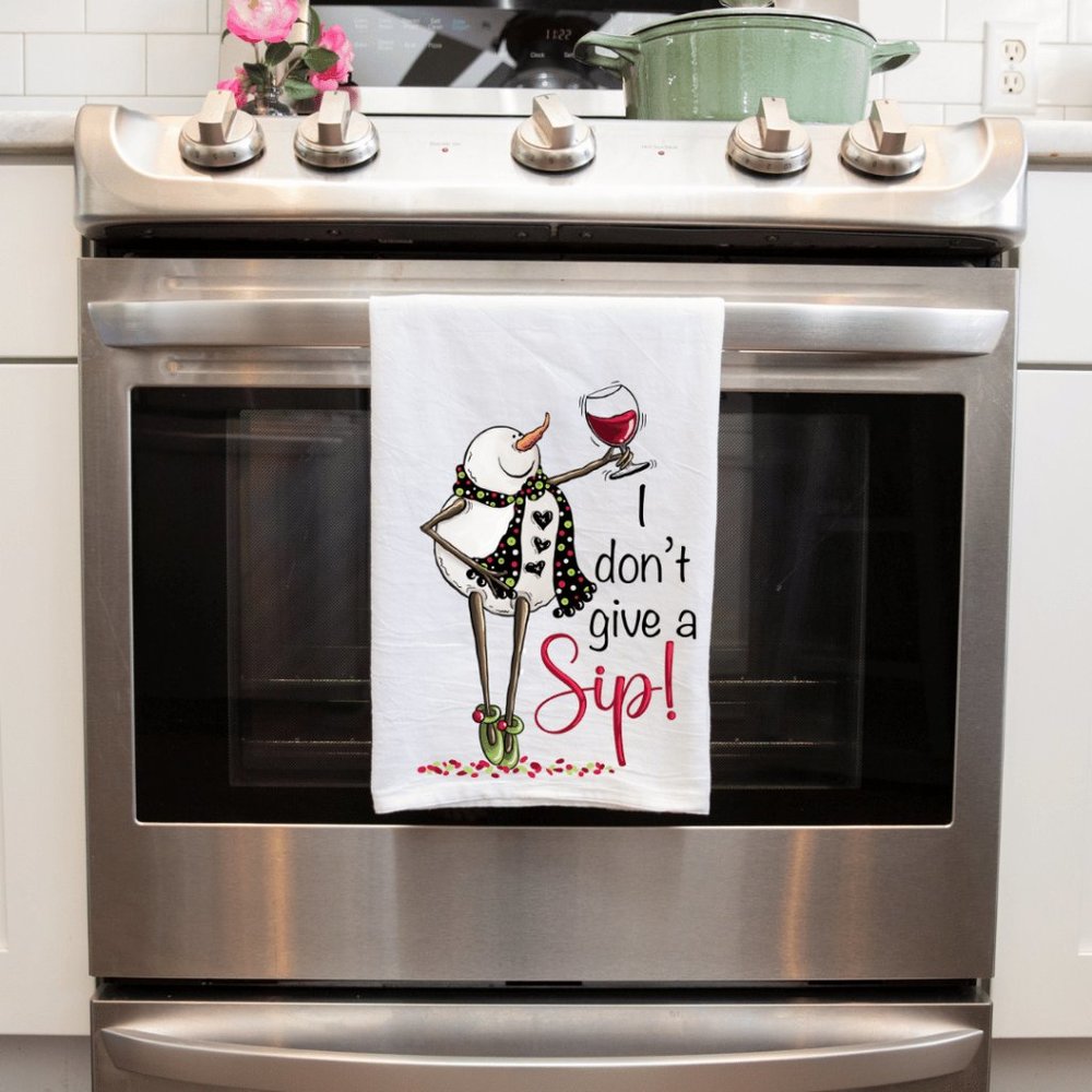 Handmade Sublimated Kitchen Tea Towel - "I Don't'Give A Sip" Funny Snowman